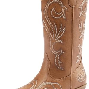 DREAM PAIRS Women's Cowboy Boots Mid Calf Cowgirl Boots Square Toe Chunky Heel Embroidery Stitched Western Boots