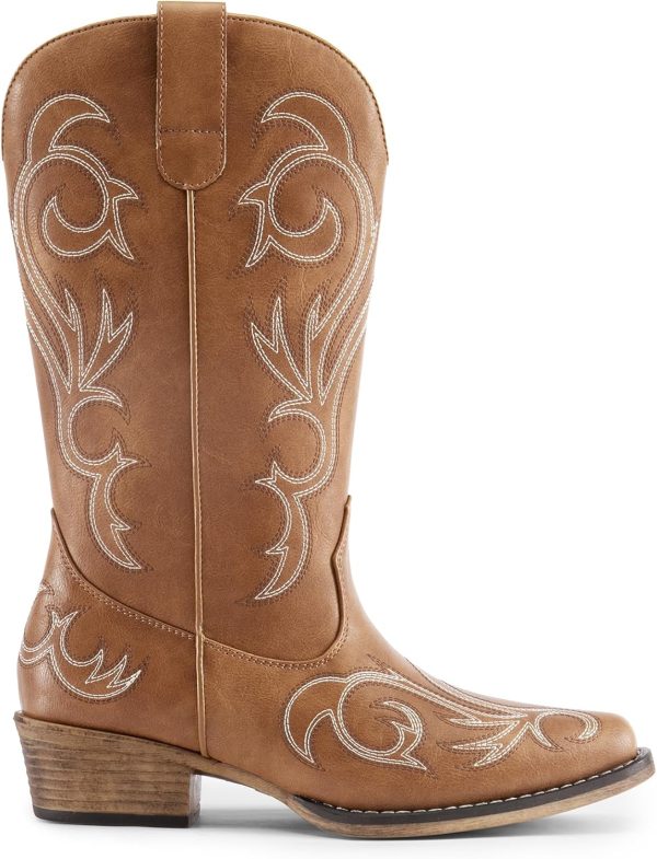 DREAM PAIRS Women's Cowboy Boots Mid Calf Cowgirl Boots Square Toe Chunky Heel Embroidery Stitched Western Boots - Image 2