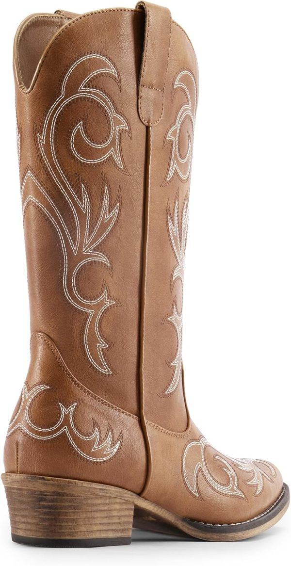 DREAM PAIRS Women's Cowboy Boots Mid Calf Cowgirl Boots Square Toe Chunky Heel Embroidery Stitched Western Boots - Image 3