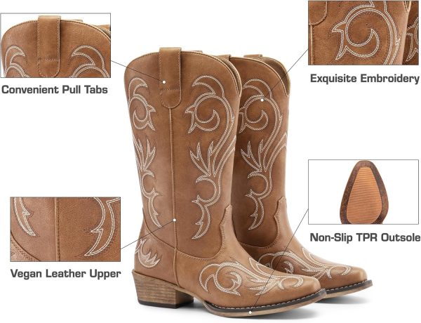 DREAM PAIRS Women's Cowboy Boots Mid Calf Cowgirl Boots Square Toe Chunky Heel Embroidery Stitched Western Boots - Image 5