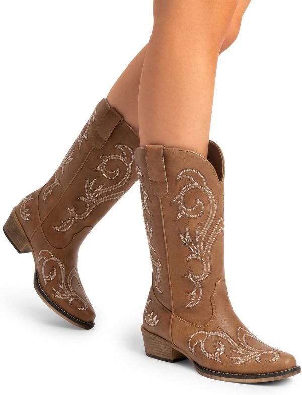 DREAM PAIRS Women's Cowboy Boots Mid Calf Cowgirl Boots Square Toe Chunky Heel Embroidery Stitched Western Boots - Image 7