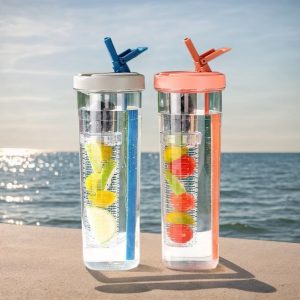 Fruit Infuser Water Bottle, Foldable Straw Water Cup, Juice Bottles for Cold Drinks,LeakProof, Shatter Proof 24OZ, Gifts for Man (Blue)